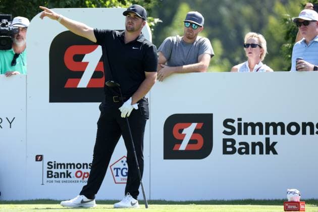 COLLEGE GROVE, TN - SEPTEMBER 17: Chris Gotterup points as his drive goes wayward off the No. 18 tee box during the final round of the Korn Ferry Tour Finals Simmons Bank Open, September 17, 2023 at The Grove in College Grove, Tennessee. (Photo by Matthew Maxey Icon Sportswire) GOLF: SEP 17 Simmons Bank Open EDITORIAL USE ONLY Icon23091728