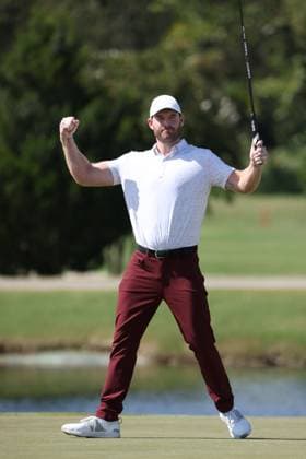 COLLEGE GROVE, TN - SEPTEMBER 17: Grayson Murray celebrates after making a birdie on No. 18 during the final round of the Korn Ferry Tour Finals Simmons Bank Open, September 17, 2023 at The Grove in College Grove, Tennessee. (Photo by Matthew Maxey Icon Sportswire) GOLF: SEP 17 Simmons Bank Open EDITORIAL USE ONLY Icon23091736