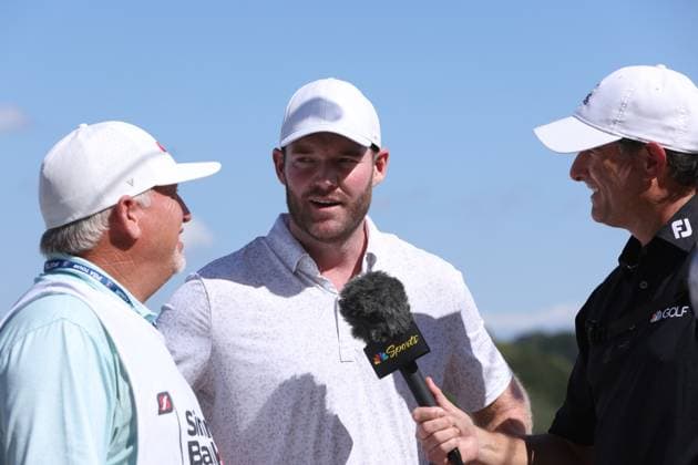 COLLEGE GROVE, TN - SEPTEMBER 17: Grayson Murray, with caddie Kip Henley is interviewed by Ned Michaels of NBC Sports following the final round of the Korn Ferry Tour Finals Simmons Bank Open, September 17, 2023 at The Grove in College Grove, Tennessee. (Photo by Matthew Maxey Icon Sportswire) GOLF: SEP 17 Simmons Bank Open EDITORIAL USE ONLY Icon23091737