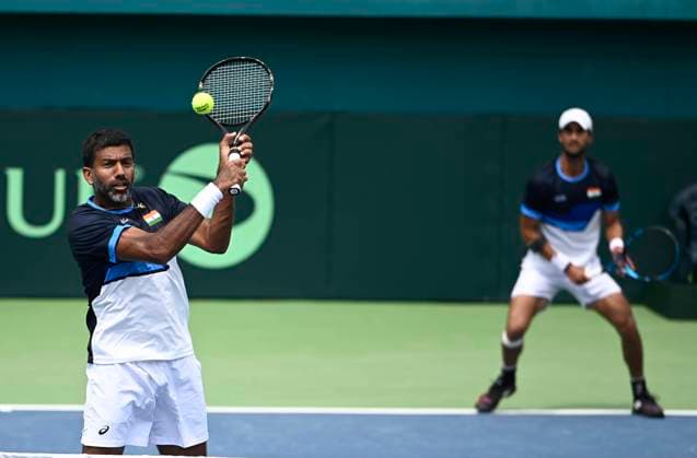 LUCKNOW, INDIA - SEPTEMBER 17: Indian Tennis Player Rohan Bopanna and Yuki Bhambri in action against Morocco?s Benchetrit Elliot and Lalami Laaroussi, in the doubles match of the Davis Cup on September 17, 2023 in Lucknow, India. (Photo by Deepak Gupta Hindustan Times) Davis Cup 2023 India Vs Morocco