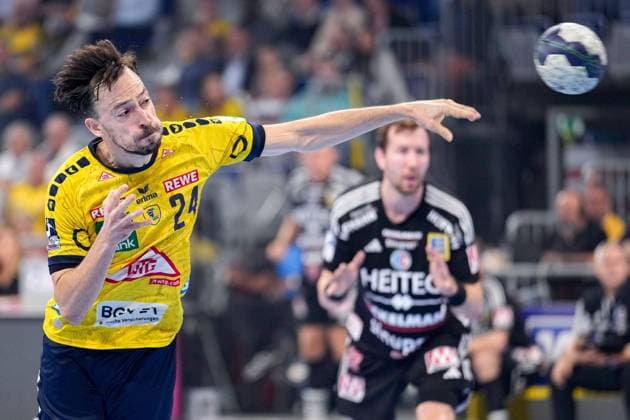 Patrick Groetzki (RNL, 24), Siebenmeter, 7-Meter, Strafwurf, Spielszene, Einzelbild, Einzelfoto, Aktion, Action, 18.09.2023, Mannheim (Deutschland), Handball, Bundesliga, Rhein-Neckar Löwen - HC Erlangen