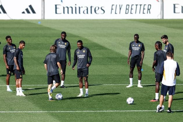 September 19, 2023: Antonio Rudiger and David Alaba in action during the training day of Real Madrid to play the UEFA Champions League football match against Union Berlin at Ciudad Deportiva Real Madrid on September 19, 2023, in Valdebebas, Madrid, Spain. - ZUMAa181 20230919_zaa_a181_009 Copyright: xOscarxJ.xBarrosox