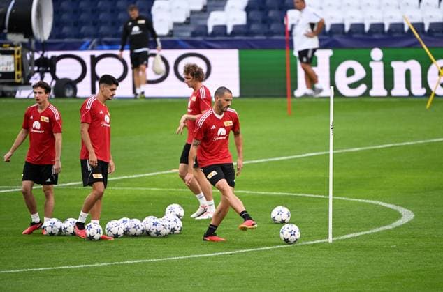 Fussball, Herren, Saison 2023 2024, Champions League (Gruppe C, 1. Spieltag), Real Madrid - 1. FC Union Berlin, Training Union am Tag vor dem Spiel im Stadion Bernabeu, v. l. Brenden Aaronson (1. FC Union Berlin), Diogo Leite (1. FC Union Berlin), Alex Kral (1. FC Union Berlin), Leonardo Bonucci (1. FC Union Berlin), 19.09. 2023, Copyright: xMatthiasxKochx