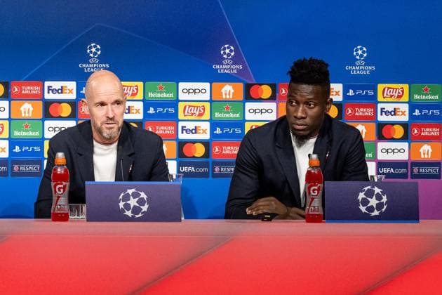 Erik ten Hag (Chef-Trainer Head Coach, Manchester United, ManU FC) und Andre Onana (Torwart Goalkeeper, Manchester United FC, 24). GER, Pressekonferenz vor dem Spiel FC Bayern Muenchen vs. Manchester United FC, Fussball, Championsleague, Spielzeit 2023 2024, 19.09.2023. (DFL DFB REGULATIONS PROHIBIT ANY USE OF PHOTOGRAPHS as IMAGE SEQUENCES and or QUASI-VIDEO). GER, Pressekonferenz vor dem Spiel FC Bayern Muenchen vs. Manchester United FC, Fussball, Championsleague, Spielzeit 2023 2024, 19.09.2023. Muenchen Copyright: xEibner-Pressefoto HeikexFeinerx EP_HFR