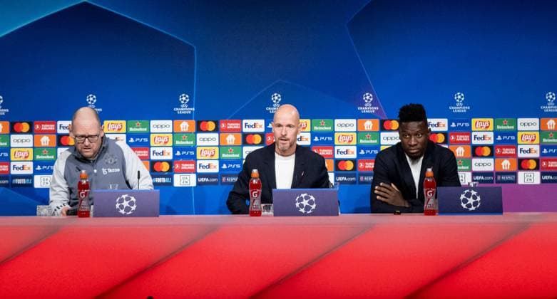 Erik ten Hag (Chef-Trainer Head Coach, Manchester United, ManU FC, Mitte) und Andre Onana (Torwart Goalkeeper, Manchester United FC, 24, rechts). GER, Pressekonferenz vor dem Spiel FC Bayern Muenchen vs. Manchester United FC, Fussball, Championsleague, Spielzeit 2023 2024, 19.09.2023. (DFL DFB REGULATIONS PROHIBIT ANY USE OF PHOTOGRAPHS as IMAGE SEQUENCES and or QUASI-VIDEO). GER, Pressekonferenz vor dem Spiel FC Bayern Muenchen vs. Manchester United FC, Fussball, Championsleague, Spielzeit 2023 2024, 19.09.2023. Muenchen Copyright: xEibner-Pressefoto HeikexFeinerx EP_HFR