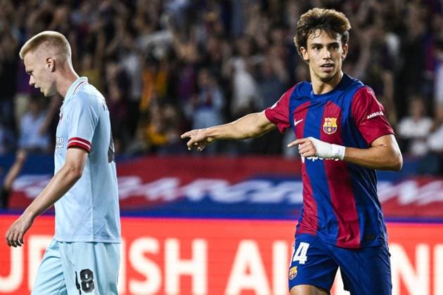 Barcelona s Joao Felix celebrates after scoring during a soccer game between Spanish FC Barcelona, Barca and Belgian Royal Antwerp FC, on Tuesday 19 September 2023 in Barcelona, Spain, on day 1 of the Champions League group stage, in group H. TOM GOYVAERTS TomxGoyvaerts  x74450730x
