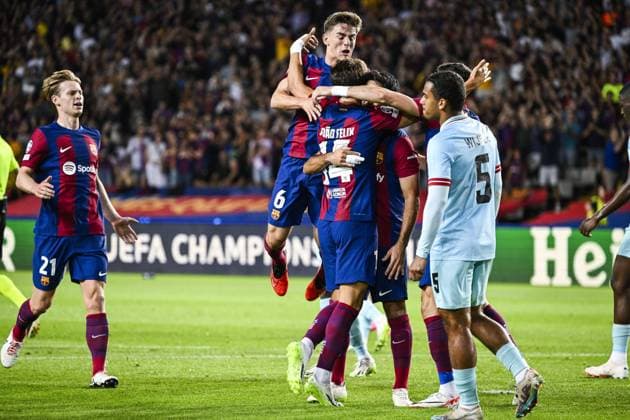 Barcelona s Joao Felix celebrates after scoring during a soccer game between Spanish FC Barcelona, Barca and Belgian Royal Antwerp FC, on Tuesday 19 September 2023 in Barcelona, Spain, on day 1 of the Champions League group stage, in group H. TOM GOYVAERTS TomxGoyvaerts  x74450822x