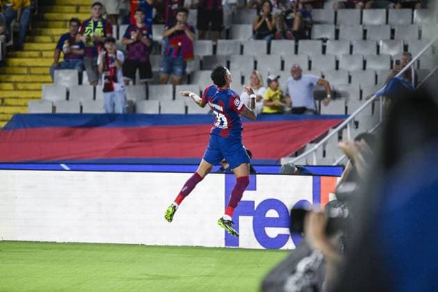 Barcelona s Raphinha celebrates after scoring during a soccer game between Spanish FC Barcelona, Barca and Belgian Royal Antwerp FC, on Tuesday 19 September 2023 in Barcelona, Spain, on day 1 of the Champions League group stage, in group H. TOM GOYVAERTS TomxGoyvaerts  x74451631x