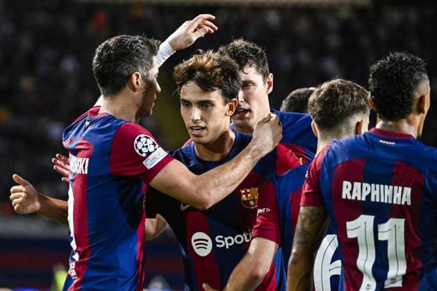 Barcelona s Robert Lewandowski and Barcelona s Joao Felix celebrate after scoring during a soccer game between Spanish FC Barcelona, Barca and Belgian Royal Antwerp FC, on Tuesday 19 September 2023 in Barcelona, Spain, on day 1 of the Champions League group stage, in group H. TOM GOYVAERTS TomxGoyvaerts  x74451702x
