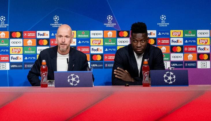 Erik ten Hag (Chef-Trainer Head Coach, Manchester United, ManU FC) und Andre Onana (Torwart Goalkeeper, Manchester United FC, 24). GER, Pressekonferenz vor dem Spiel FC Bayern Muenchen vs. Manchester United FC, Fussball, Championsleague, Spielzeit 2023 2024, 19.09.2023. (DFL DFB REGULATIONS PROHIBIT ANY USE OF PHOTOGRAPHS as IMAGE SEQUENCES and or QUASI-VIDEO). GER, Pressekonferenz vor dem Spiel FC Bayern Muenchen vs. Manchester United FC, Fussball, Championsleague, Spielzeit 2023 2024, 19.09.2023. Muenchen Copyright: xEibner-Pressefoto HeikexFeinerx EP_HFR