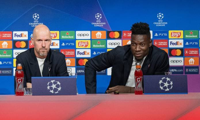 Erik ten Hag (Chef-Trainer Head Coach, Manchester United, ManU FC) und Andre Onana (Torwart Goalkeeper, Manchester United FC, 24). GER, Pressekonferenz vor dem Spiel FC Bayern Muenchen vs. Manchester United FC, Fussball, Championsleague, Spielzeit 2023 2024, 19.09.2023. (DFL DFB REGULATIONS PROHIBIT ANY USE OF PHOTOGRAPHS as IMAGE SEQUENCES and or QUASI-VIDEO). GER, Pressekonferenz vor dem Spiel FC Bayern Muenchen vs. Manchester United FC, Fussball, Championsleague, Spielzeit 2023 2024, 19.09.2023. Muenchen Copyright: xEibner-Pressefoto HeikexFeinerx EP_HFR