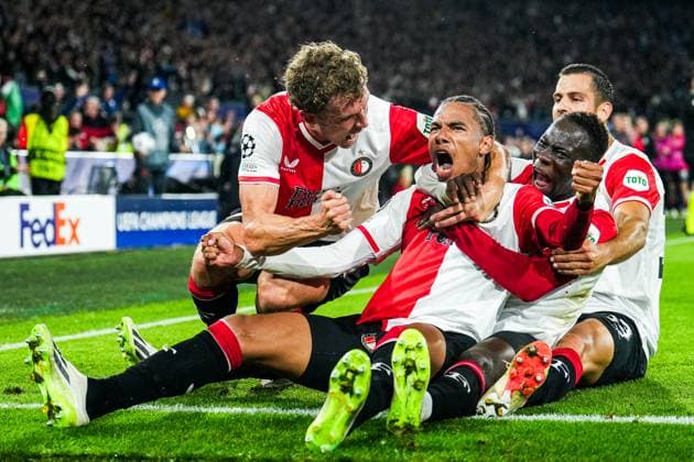UEFA Champions League: Feyenoord v Celtic Rotterdam - Calvin Stengs of Feyenoord celebrates the 1-0 during the 1st leg of the UEFA Champions League between Feyenoord v Celtic at Stadion Feijenoord De Kuip on 19 September 2023 in Rotterdam, The Netherlands. Copyright: xTomxBodex