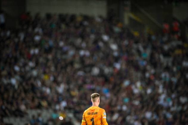 Goalkeeper Marc-AndrÃ ter Stegen FC Barcelona, Barca during a UEFA Champions League first match between FC Barcelona and Royal Antwerp at Estadi Olimpic Lluis Companys, in Barcelona, ,Spain on September 19, 2023. (Photo Felipe Mondino) Copyright: x@FELIPExMONDINOx