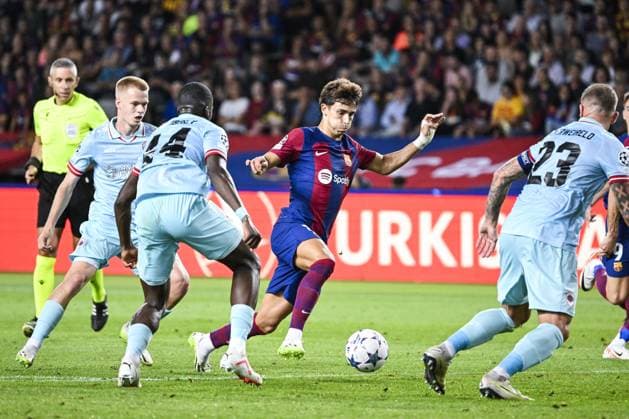 Antwerp s Arthur Vermeeren and Barcelona s Joao Felix pictured in action during a soccer game between Spanish FC Barcelona, Barca and Belgian Royal Antwerp FC, on Tuesday 19 September 2023 in Barcelona, Spain, on day 1 of the Champions League group stage, in group H. TOM GOYVAERTS TomxGoyvaerts  x74455338x
