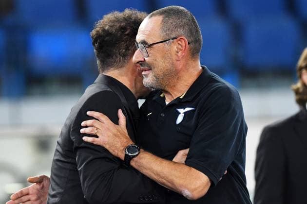 19th September 2023, Stadio Olimpico, Rome, Italy; Champions League Football, Group Stage Football; Lazio versus Atletico Madrid; Atletico Madrid head coach Diego Simeone greets Lazio trainer Maurizio Sarri  ActionPlus12555402 AllShotLive