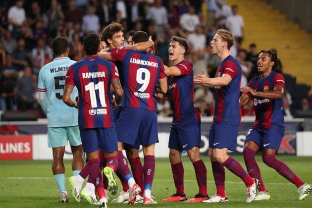 Spain - FC Barcelona, Barca vs Royal Antwerp - 19 09 2023 SPAIN, BARCELONA, SEPTEMBER 19. Joao Felix of FC Barcelona celebrates with his teammates after scoring a goal during the UEFA Champions League group H match between FC Barcelona and Royal Antwerp on September 19, 2023 at Estadi Olimpic Lluis Companys in Barcelona, Spain. Photo by Manuel Blondeau AOP.Press Barcelona Estadi Olimpic Lluis Companys Catalunya Spain Copyright: x ManuelxBlondeau AOP.Pressx AOP20230919 - 0004