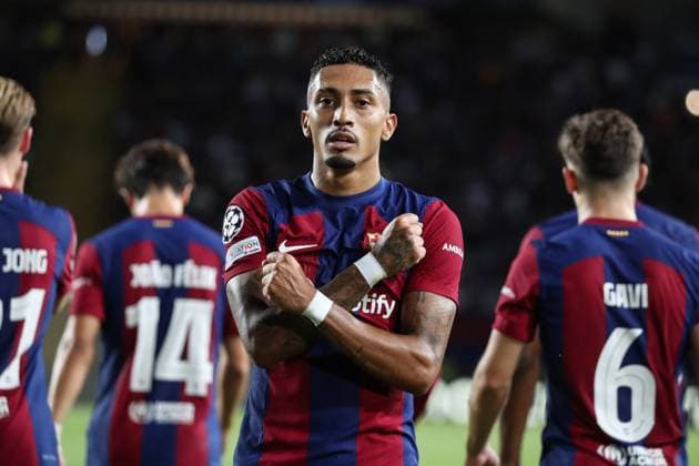Spain - FC Barcelona, Barca vs Royal Antwerp - 19 09 2023 SPAIN, BARCELONA, SEPTEMBER 19. Raphinha of FC Barcelona celebrates after scoring a goal during the UEFA Champions League group H match between FC Barcelona and Royal Antwerp on September 19, 2023 at Estadi Olimpic Lluis Companys in Barcelona, Spain. Photo by Manuel Blondeau AOP.Press Barcelona Estadi Olimpic Lluis Companys Catalunya Spain Copyright: x ManuelxBlondeau AOP.Pressx AOP20230919 - 0017