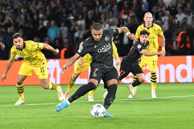 Paris, Parc des Princes, 19.09.23, GER, Herren, UEFA Champions League, Saison 2023-2024, Paris Saint Germain - Borussia Dortmund Bild: Kylian MBAPPE (Paris) macht das Tor zum 1:0 Only for editorial use! UEFA regulations prohibit any use of photographs as image sequences and or quasi-video. Frankreich