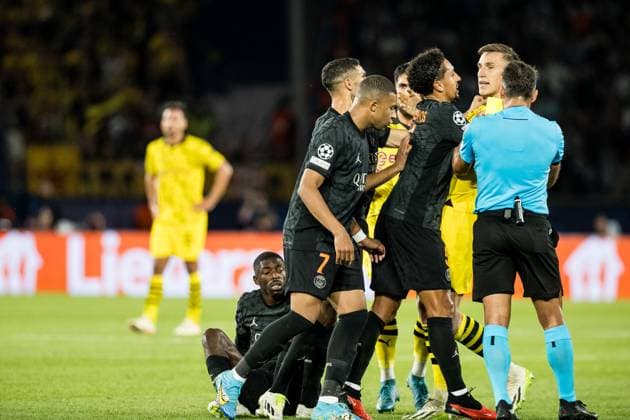 UEFA Champions League: FC Paris Saint-Germain - Borussia Dortmund; 19.09.2023 Rudelbildung Marquinhos (FC Paris Saint-Germain, 5), Nico Schlotterbeck (Borussia Dortmund, 4) UEFA Champions League: FC Paris Saint-Germain - Borussia Dortmund, Paris, Parc des Princes am 19.09.2023 Copyright: xBEAUTIFULxSPORTS Wunderlx
