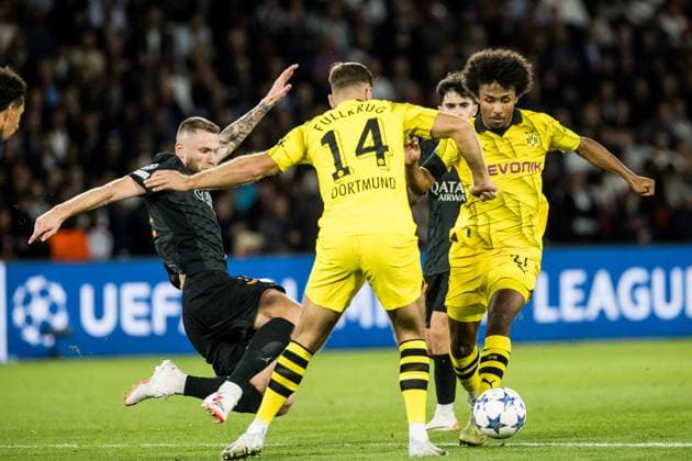 UEFA Champions League: FC Paris Saint-Germain - Borussia Dortmund; 19.09.2023 Milan Skriniar (FC Paris Saint-Germain, 37). Niclas Fuellkrug (Borussia Dortmund, 14), Karim Adeyemi (Borussia Dortmund, 27) UEFA Champions League: FC Paris Saint-Germain - Borussia Dortmund, Paris, Parc des Princes am 19.09.2023 Copyright: xBEAUTIFULxSPORTS Wunderlx