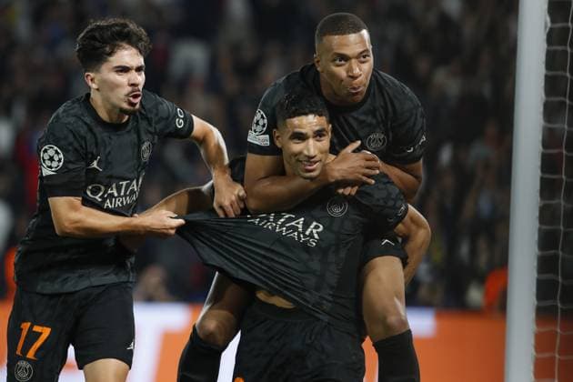 Joie - But de Achraf Hakimi (PSG) - Kylian Mbappe (PSG) - Vitinha (PSG) FOOTBALL : Paris Saint Germain Vs Borussia Dortmund - Ligue des Champions - 19 09 2023 MichaelBaucher Panoramic 