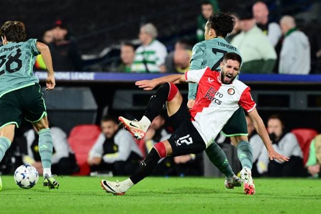 ROTTERDAM - Luka Ivanusec of Feyenoord is injured during the UEFA Champions League match between Feyenoord and Celtic FC at Feyenoord Stadium de Kuip on September 19, 2023 in Rotterdam, Netherlands. ANP OLAF KRAAK Group E - UEFA Champions League 2023 2024 xVIxANPxSportx xxANPxIVx 478723201 originalFilename: 478723201.jpg