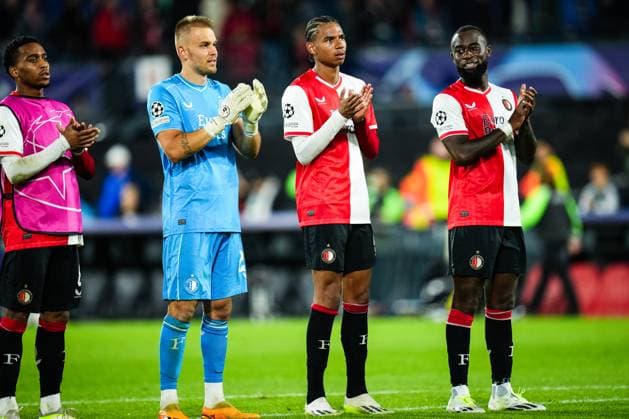UEFA Champions League: Feyenoord v Celtic Rotterdam - Quinten Timber of Feyenoord, Feyenoord keeper Timon Wellenreuther, Calvin Stengs of Feyenoord, Lutsharel Geertruida of Feyenoord during the 1st leg of the UEFA Champions League between Feyenoord v Celtic at Stadion Feijenoord De Kuip on 19 September 2023 in Rotterdam, The Netherlands. Copyright: xYannickxVerhoevenx