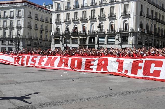 Fussball, Herren, Saison 2023 2024, Champions League (Gruppe C, 1. Spieltag), Real Madrid - 1. FC Union Berlin, Union-Fans in der Stadt am Puerta del Sol, Reisekader, 20.09. 2023, Copyright: xMatthiasxKochx