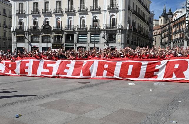Fussball, Herren, Saison 2023 2024, Champions League (Gruppe C, 1. Spieltag), Real Madrid - 1. FC Union Berlin, Union-Fans in der Stadt am Puerta del Sol, Reisekader, 20.09. 2023, Copyright: xMatthiasxKochx