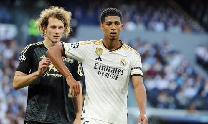 Alex Kral, Jude Bellingham Zweikampf Spielszene Aktion Fußball Fussball UEFA Champions League UCL Herren 1.Spieltag Saison 2023 2024 20.09.2023 Real Madrid vs 1.FC Union Berlin FCU Estadio Bernabeu DFL regulations prohibit any use of photographs as image sequences and or quasi-video
