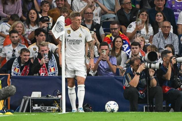 Fussball, Herren, Saison 2023 2024, Champions League (Gruppe C, 1. Spieltag), Real Madrid - 1. FC Union Berlin, v. l. Toni Kroos (Real Madrid) , 20.09. 2023, Copyright: xMatthiasxKochx