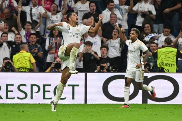 Fussball, Herren, Saison 2023 2024, Champions League (Gruppe C, 1. Spieltag), Real Madrid - 1. FC Union Berlin, v. l. Jude Bellingham (Real Madrid) Torjubel, jubelt nach dem Tor zum 1:0, 20.09. 2023, Copyright: xMatthiasxKochx