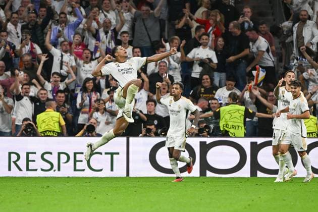Fussball, Herren, Saison 2023 2024, Champions League (Gruppe C, 1. Spieltag), Real Madrid - 1. FC Union Berlin, v. l. Jude Bellingham (Real Madrid) Torjubel, jubelt nach dem Tor zum 1:0, 20.09. 2023, Copyright: xMatthiasxKochx