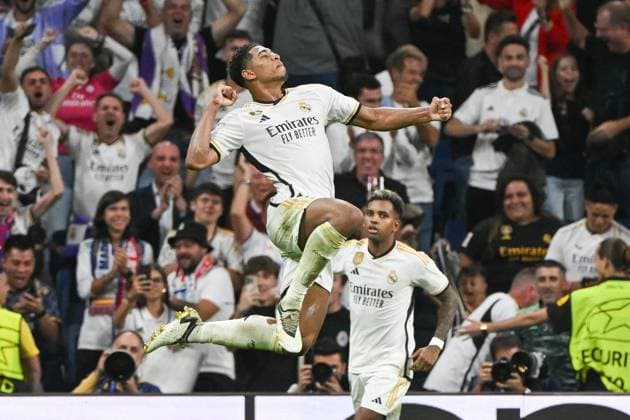 Sport Bilder des Tages Fussball, Herren, Saison 2023 2024, Champions League (Gruppe C, 1. Spieltag), Real Madrid - 1. FC Union Berlin, v. l. Jude Bellingham (Real Madrid) Torjubel, jubelt nach dem Tor zum 1:0, 20.09. 2023, Copyright: xMatthiasxKochx