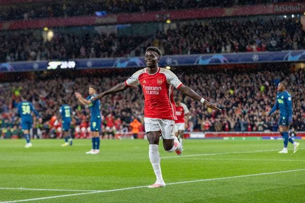 Arsenal v PSV Eindhoven Champions League 20 09 2023. GOAL 1-0 Arsenal midfielder Bukayo Saka (7) scores and celebrates during the Champions League match between Arsenal and PSV Eindhoven at the Emirates Stadium, London, England on 20 September 2023. Editorial use only , Copyright: xIanxStephenx PSI-18060-0001