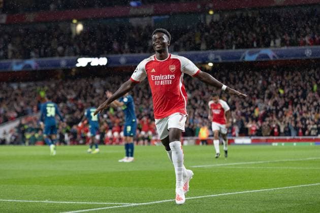 Arsenal v PSV Eindhoven Champions League 20 09 2023. GOAL 1-0 Arsenal midfielder Bukayo Saka (7) scores and celebrates during the Champions League match between Arsenal and PSV Eindhoven at the Emirates Stadium, London, England on 20 September 2023. Editorial use only , Copyright: xIanxStephenx PSI-18060-0002