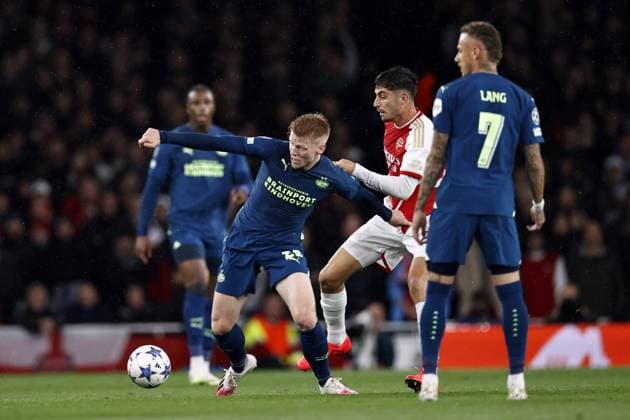 LONDON - (l-r) Jerdy Schouten of PSV, Kai Havertz of Arsenal FC during the UEFA Champions League match between Arsenal FC and PSV Eindhoven at the Emirates Stadium on September 20, 2023 in London, United Kingdom. ANP MAURICE VAN STEEN Group B - UEFA Champions League 2023 2024 xVIxANPxSportx xxANPxIVx 478800330 originalFilename: 478800330.jpg