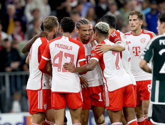 Torjubel 1:0 München, Torschütze Leroy Sane (Bayern, mitte) . FC Bayern München Manchester United, ManU . München, GER, 20.09.2023, Fussball: Champions League: Saison 23 24: