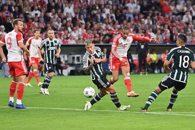 Tor Leroy SANE (Bayern Muenchen) zum 1-0, Aktion,Torschuss. Fussball Champions League Gruppenphase 1.Spieltag FC Bayern Muenchen Manchester United, ManU (ManU) am 20.09.2023, A L L I A N Z A R E N A.