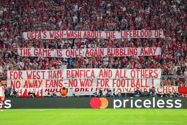 Bayern Munich v Manchester United, ManU Champions League 20 09 2023. A protest banner flown by the Bayern Munich fans during the Champions League match between Bayern Munich and Manchester United at Allianz Arena, Munich, Germany on 20 September 2023. Editorial use only , Copyright: xNigelxKeenex PSI-18044-0031