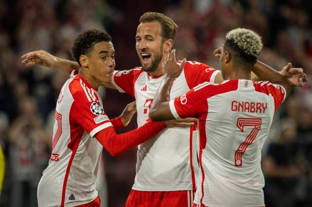 Munic, Germany. 20th Sep 2023. Torjubel: Jamal Musiala (Muenchen), Harry Kane (Muenchen), Serge Gnabry (Muenchen) FC Bayern München - Manchester United, ManU 20.09.2023