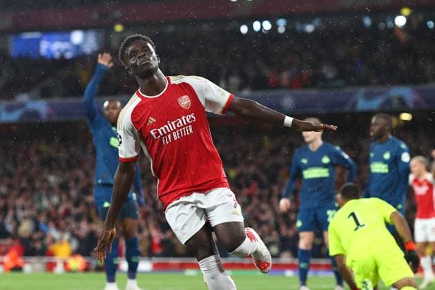 Arsenal v PSV Eindhoven 20 September 2023, London - Champion™s League Football, Group Stage - Arsenal v PSV Eindhoven - Bukayo Saka of Arsenal celebrates their first goal - Photo: Charlotte Wilson Offside. London UK Copyright: xCharlottexWilsonx xOffsidexOffside