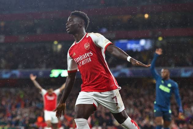 Arsenal v PSV Eindhoven 20 September 2023, London - Champion™s League Football, Group Stage - Arsenal v PSV Eindhoven - Bukayo Saka of Arsenal celebrates their first goal - Photo: Charlotte Wilson Offside. London UK Copyright: xCharlottexWilsonx xOffsidexOffside