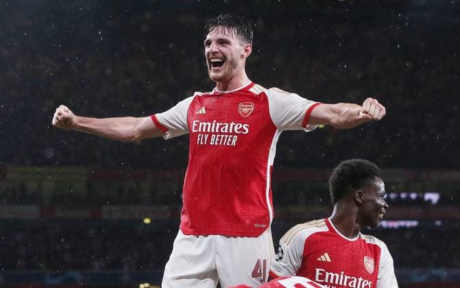 Arsenal v PSV Eindhoven, UEFA Champions League, Group B, Emirates Stadium, London, UK. - 20th September 2023. GOAL 3-0, Declan Rice of Arsenal celebrates after Gabriel Jesus of Arsenal scores. - Arsenal v PSV Eindhoven, UEFA Champions League, Group B, Emirates Stadium, London, UK. - 20th September 2023. London Emirates Stadium UK Copyright: xDanxWeirx CP_Arsenal_PSV_08