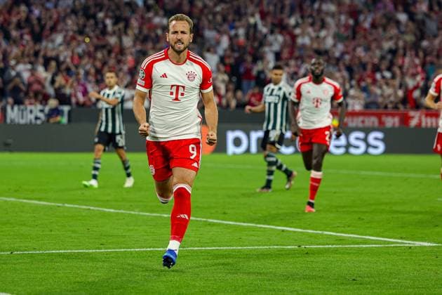 Bayern Munich v Manchester United, ManU Champions League 20 09 2023. Goal 3-1 Harry Kane (9) of Bayern Munich scores a goal and celebrates during the Champions League match between Bayern Munich and Manchester United at Allianz Arena, Munich, Germany on 20 September 2023. Editorial use only , Copyright: xNigelxKeenex PSI-18044-0039