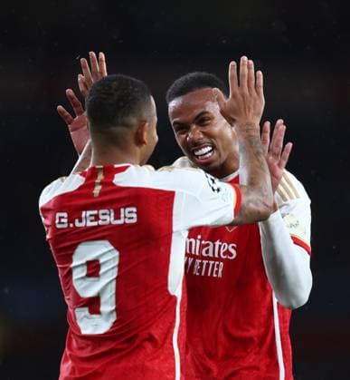 Arsenal v PSV Eindhoven 20 September 2023, London - Champion™s League Football, Group Stage - Arsenal v PSV Eindhoven - Gabriel Jesus of Arsenal celebrates their third goal with Gabriel Magalhaes of Arsenal - Photo: Charlotte Wilson Offside. London UK Copyright: xCharlottexWilsonx xOffsidexOffside