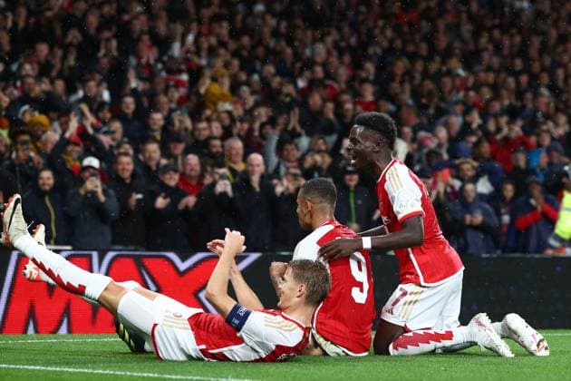 Arsenal v PSV Eindhoven 20 September 2023, London - Champion™s League Football, Group Stage - Arsenal v PSV Eindhoven - Gabriel Jesus of Arsenal celebrates their third goal with his team mates - Photo: Charlotte Wilson Offside. London UK Copyright: xCharlottexWilsonx xOffsidexOffside