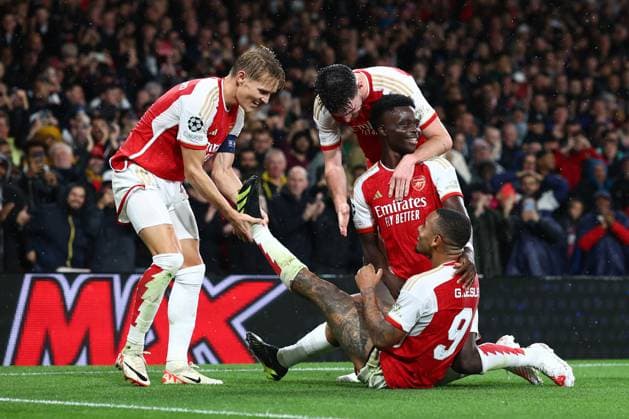 Arsenal v PSV Eindhoven 20 September 2023, London - Champion™s League Football, Group Stage - Arsenal v PSV Eindhoven - Gabriel Jesus of Arsenal celebrates their third goal with his team mates - Photo: Charlotte Wilson Offside. London UK Copyright: xCharlottexWilsonx xOffsidexOffside