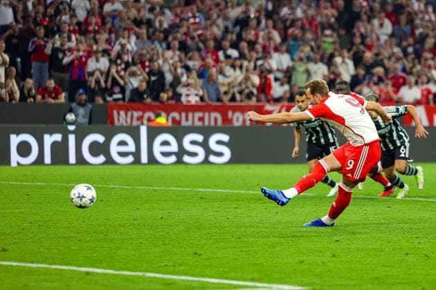 Bayern Munich v Manchester United, ManU Champions League 20 09 2023. Goal 3-1 Harry Kane (9) of Bayern Munich scores a goal from the penalty spot during the Champions League match between Bayern Munich and Manchester United at Allianz Arena, Munich, Germany on 20 September 2023. Editorial use only , Copyright: xNigelxKeenex PSI-18044-0049
