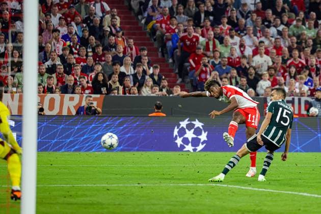 Bayern Munich v Manchester United, ManU Champions League 20 09 2023. Kingsley Coman (11) of Bayern Munich shoots towards the goal during the Champions League match between Bayern Munich and Manchester United at Allianz Arena, Munich, Germany on 20 September 2023. Editorial use only , Copyright: xNigelxKeenex PSI-18044-0050